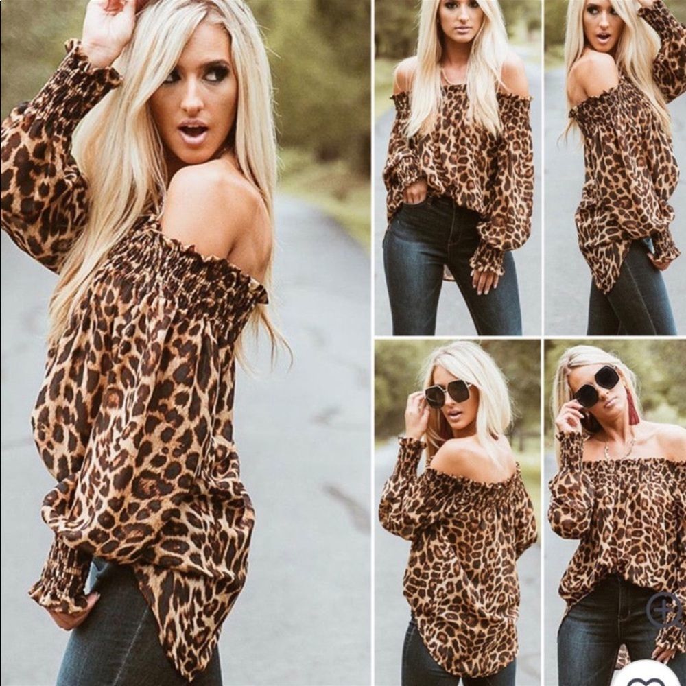 ❤️Leopard Print Ruched Long Sleeve Off shoulder Blouse❤️